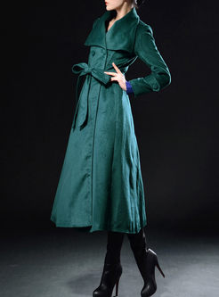 Casual Turn Down Collar Long Trench Coat With Belt