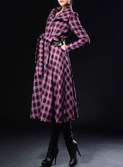 Brief Plaid Slim Wool Trench Coat With Belt