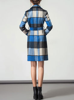 Vintage Plaid Turn Down Collar Trench Coat With Belt