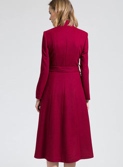 Stand Collar Long Wool Coat With Belt