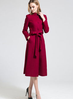 Stand Collar Long Wool Coat With Belt