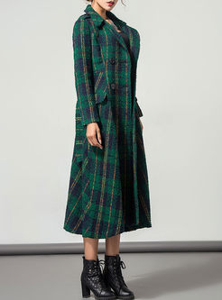Vintage Slim Green Plaid Long Wool Coat