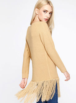 Fashion Fringed O-neck Pure Color Sweater