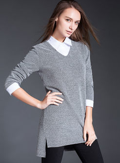 Fashion Stitching Turn Down Collar Sweater