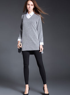 Fashion Stitching Turn Down Collar Sweater
