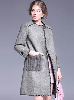 Straight Textured Fur-pocket Woolen Coat