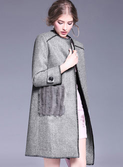 Straight Textured Fur-pocket Woolen Coat