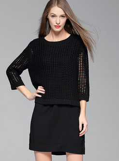 Fashion Hollow Patch O-neck Sweater