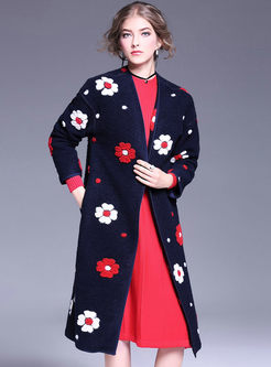 Casual Embroidery Straight Wool Coat