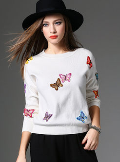 Sweet Butterfly Pattern O-neck Sweater 