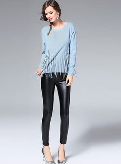 Sweet Fringed Slim Pure Color Sweater