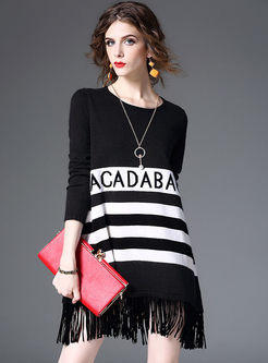 Brief Monochrome Color-blocked Tassel Knitted Sweater