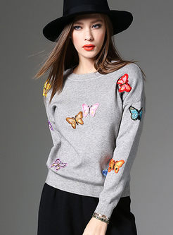 Sweet Butterfly Pattern O-neck Sweater 