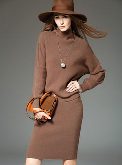 Elegant Pure Color Turtle Neck Two-piece Outfits