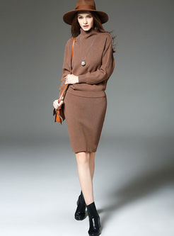 Elegant Pure Color Turtle Neck Two-piece Outfits