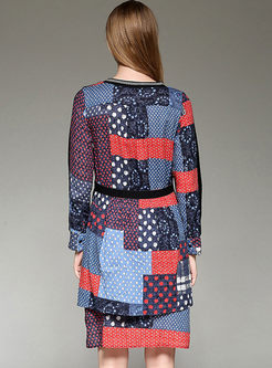 Straight Color-blocked Print Knitted Dress