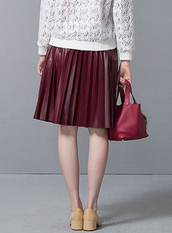 Vintage Pure Color Pleat PU Skirt