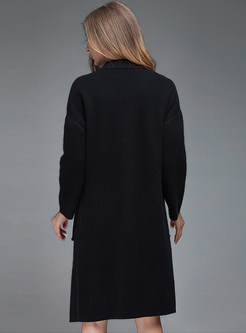 Brief Stand Collar Nail Straight Knee-length Knit Coat
