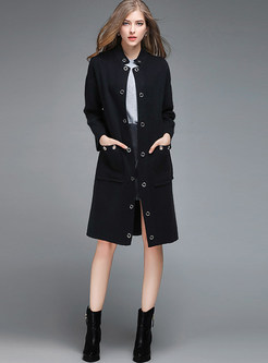 Brief Stand Collar Nail Straight Knee-length Knit Coat