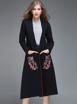 Casual Pocket Embroidery Cardigan Wool Coat