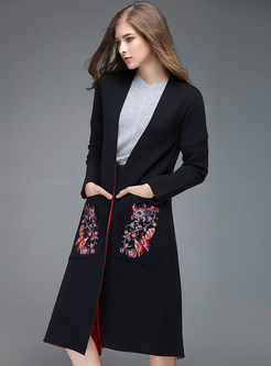 Casual Pocket Embroidery Cardigan Wool Coat
