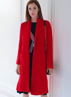 Brief Split Solid Color Embroidery Knit Coat