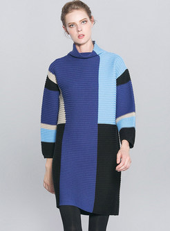 Oversized Color-blocked High Neck Knitted Dress