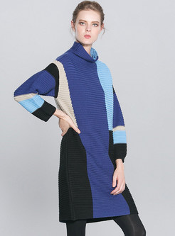 Oversized Color-blocked High Neck Knitted Dress