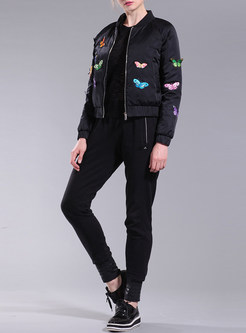 Stand Collar Butterfly Embroidery Down Coat