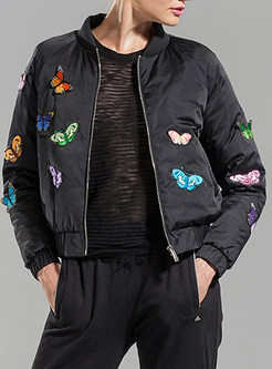 Stand Collar Butterfly Embroidery Down Coat