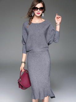 Pure Color Long Sleeve Knitted Two-Piece Outfits