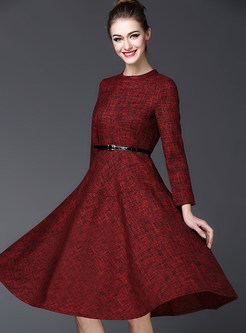 Vintage High Waist Belted Woolen A-line Dress