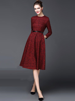 Vintage High Waist Belted Woolen A-line Dress