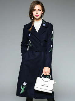 Stylish Embroidery Slim Wool Notched Collar Trench Coat With Belt
