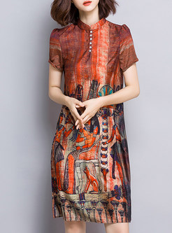 Silk Vintage Print Straight Dress