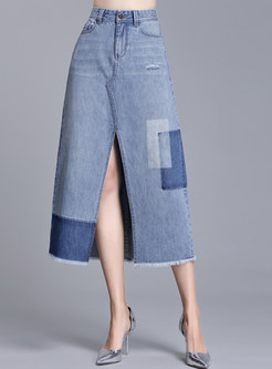 High Waist Fringe-trim Split Jean Skirt