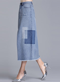 High Waist Fringe-trim Split Jean Skirt