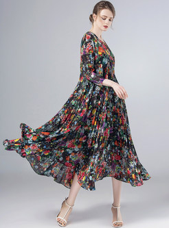 Floral Print Loose Big Hem Pleated Long Dress