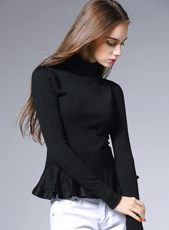 Pure Color Fold Falbala Slim Sweater