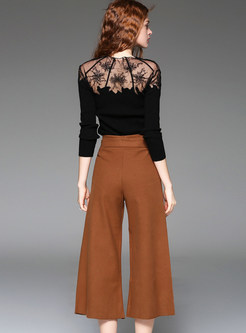 Sexy Lace Patch Sweater & Wide Leg Pants Suits