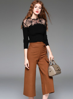 Sexy Lace Patch Sweater & Wide Leg Pants Suits
