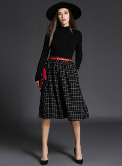 Fashion Pure Color Sweater & Grid Skirt Suits