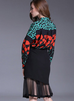 Fashion Print Blouse & Mermaid Mesh Skirt Suits 