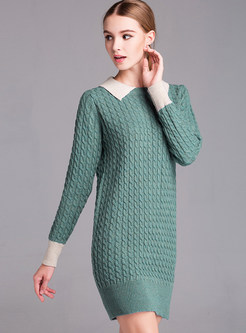 Elegant Color-blocked Lapel Knitted Dress