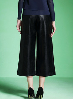 Brief Solid Color High Waist PU Wide Leg Pants