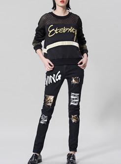 Hollow Letter Embroidery Stylish Patchwork Hoodies