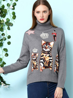 Cute Cat Pattern Turtle Neck Sweater