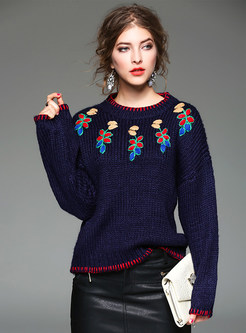 Cute O-neck Loose Embroidered Sweater