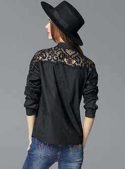 Turn Down Collar Hollow Slim Patch Blouse