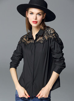 Turn Down Collar Hollow Slim Patch Blouse